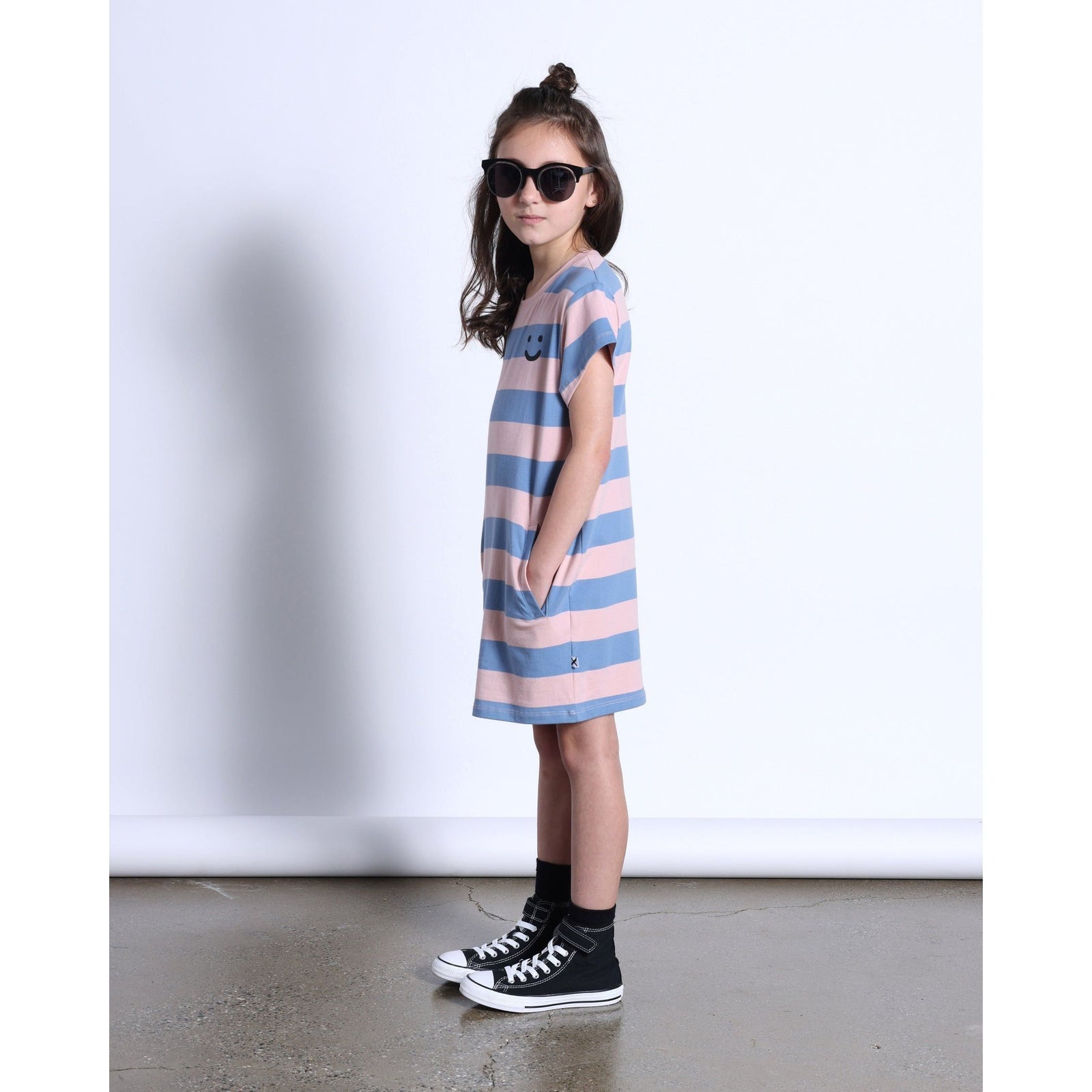Happy Face Tee Dress- Muted Pink/Muted Blue