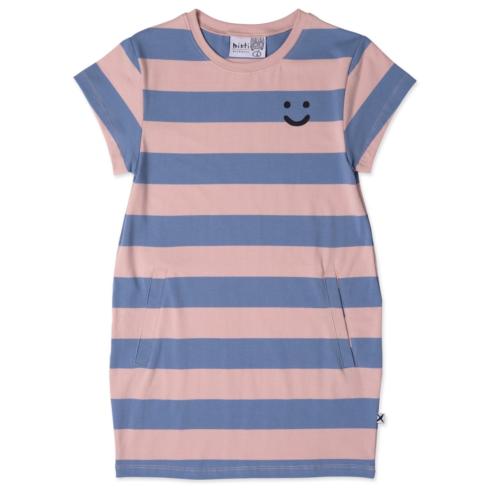 Happy Face Tee Dress- Muted Pink/Muted Blue