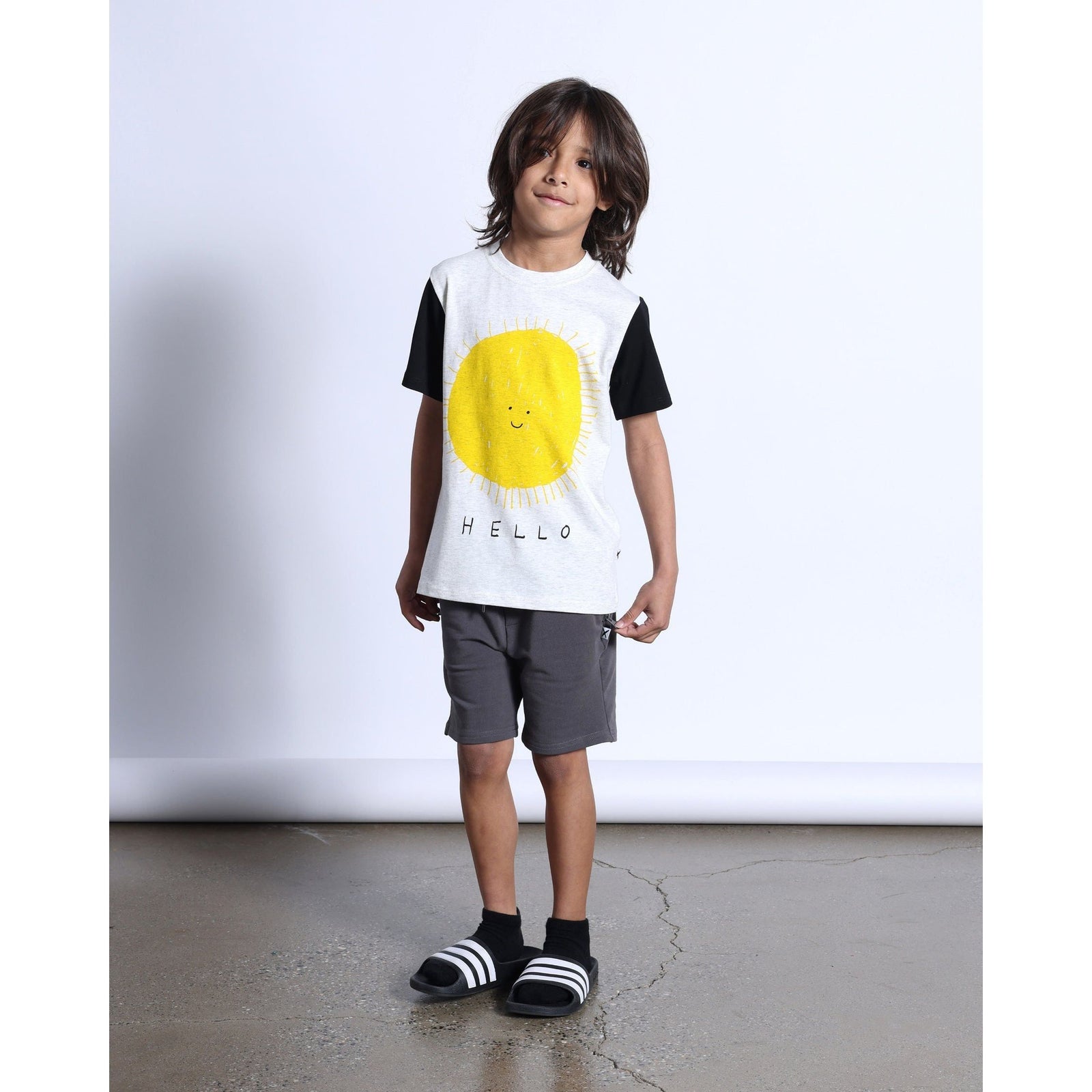 Hello Sun Goodbye Moon Tee- White Marle/Black