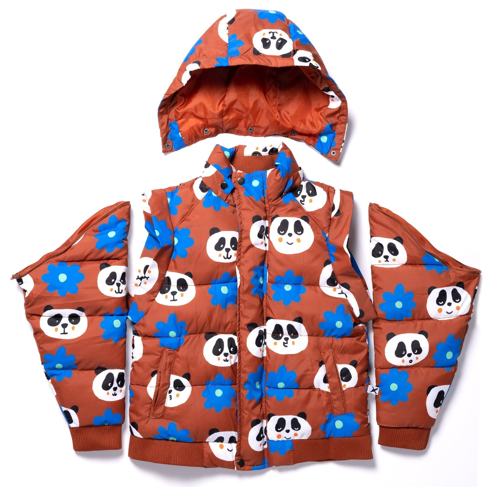 Flowers And Pandas Puffa Jacket - Warm Orange