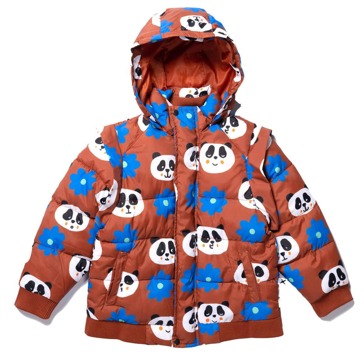 Flowers And Pandas Puffa Jacket - Warm Orange