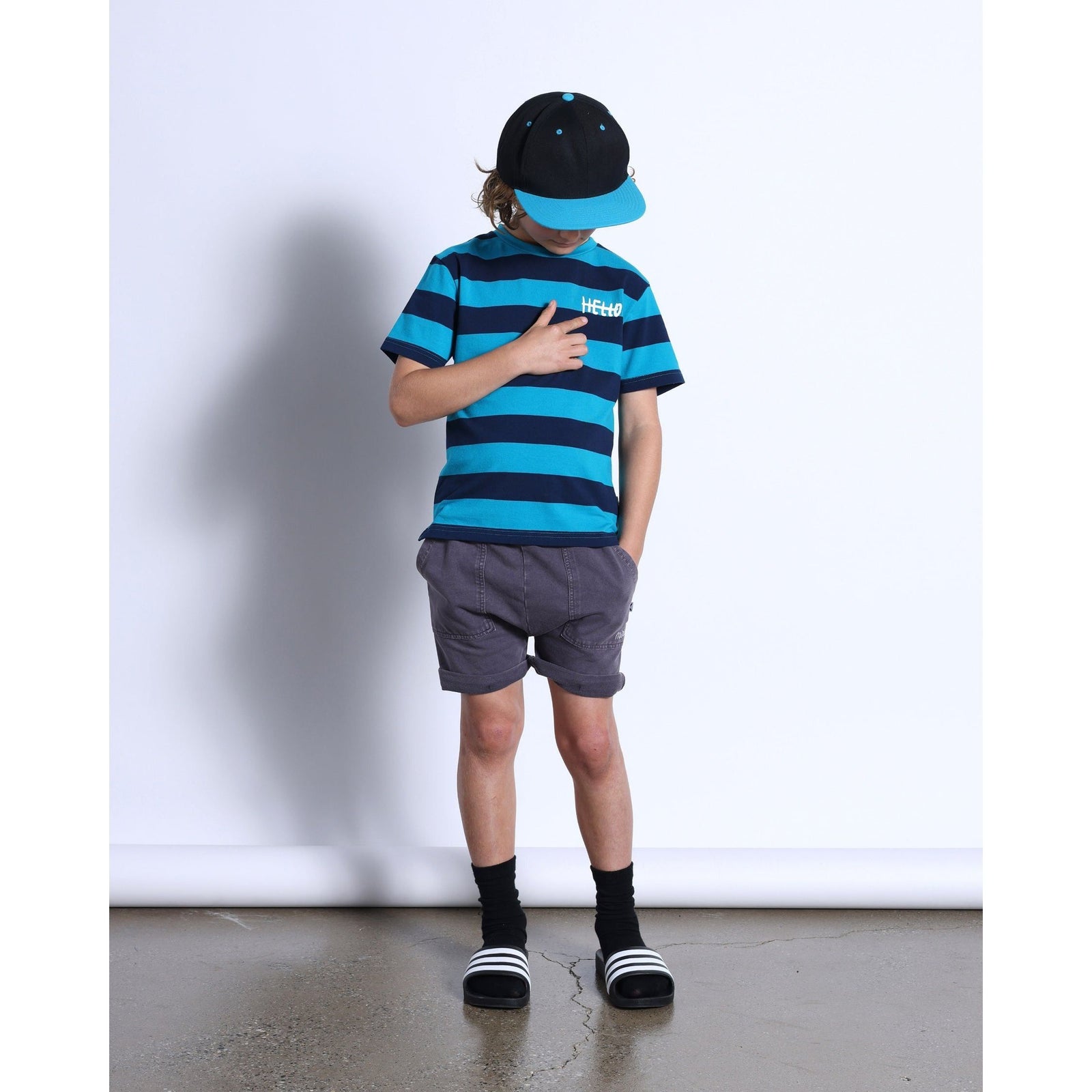 Duo Tee- Aqua/Navy Stripe