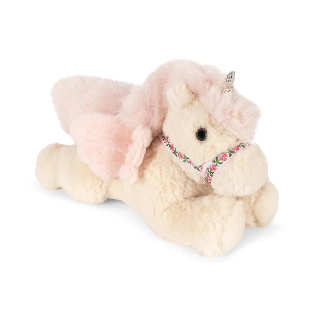 Plush toy unicorn with pink mane on a white background