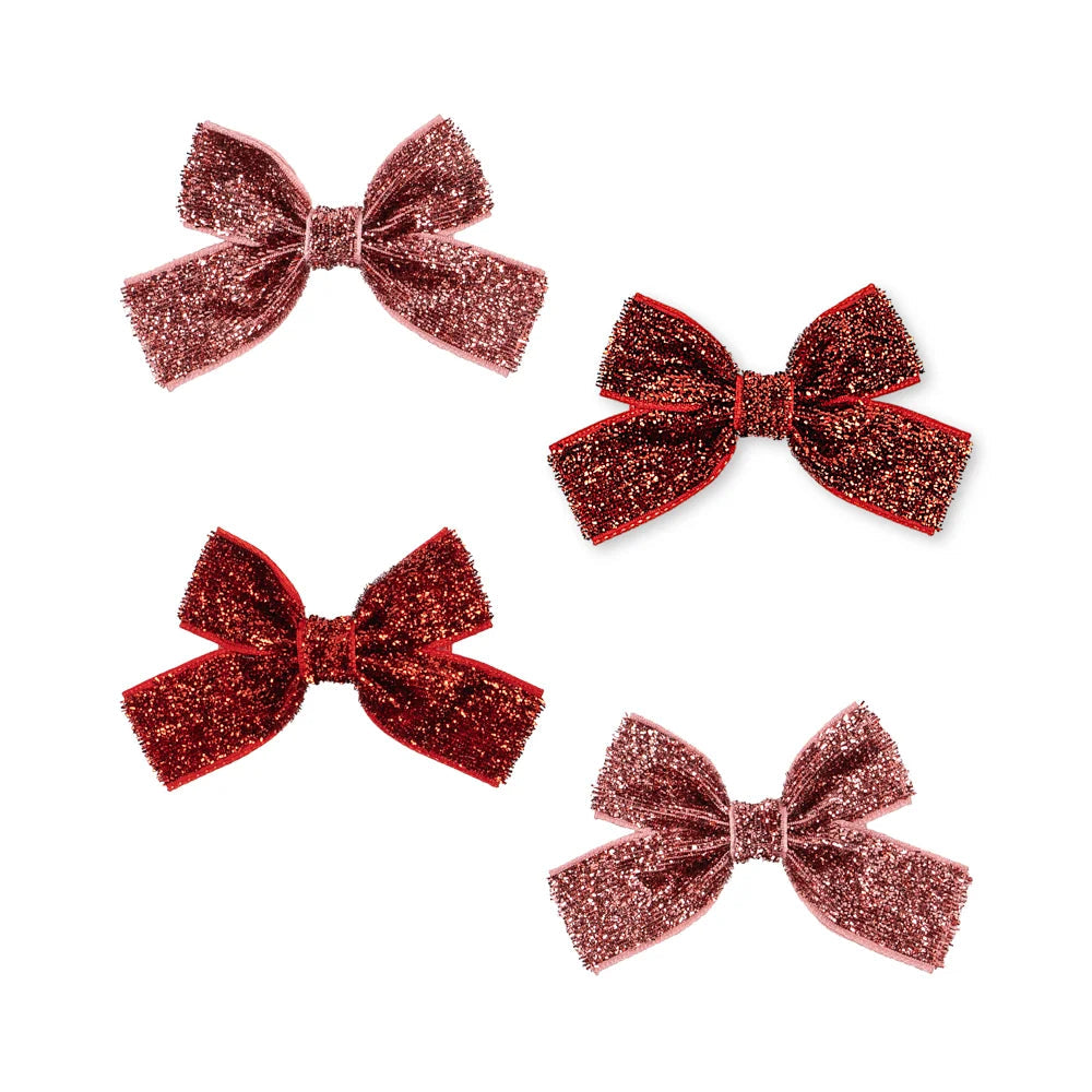 4 Pack Micki Bow Hair Clips - Red Glitter/Rose Glitter