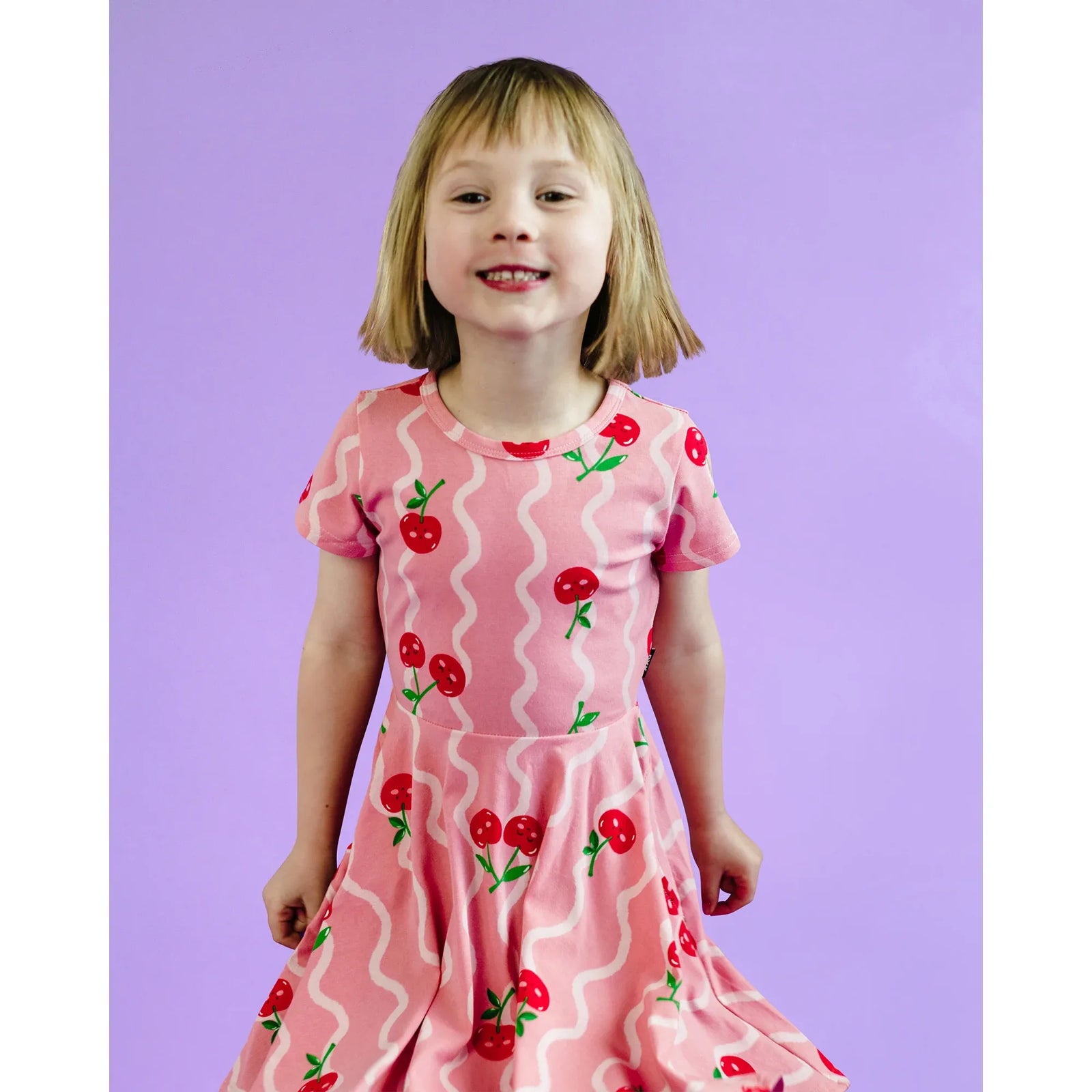 Cherry Squiggle Short Sleeve Waisted Dress
