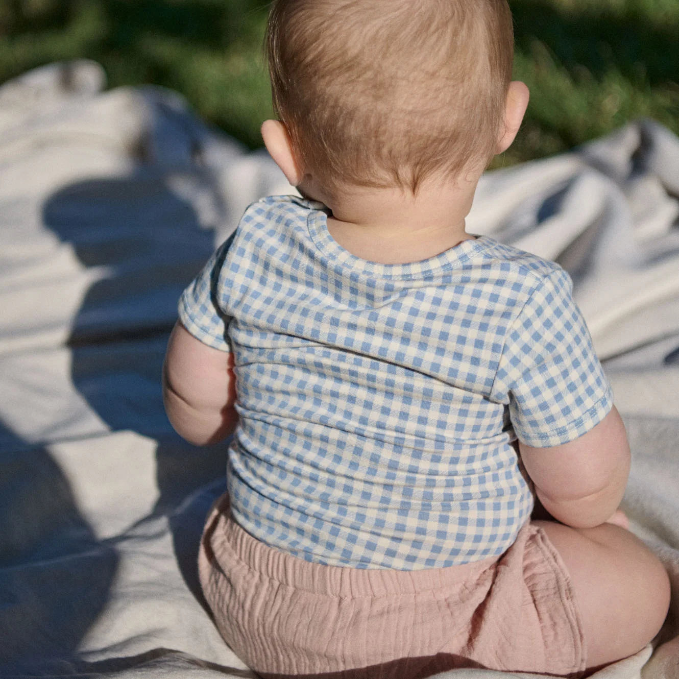 Stretch Jersey S/S Bodysuit - Blue Gingham