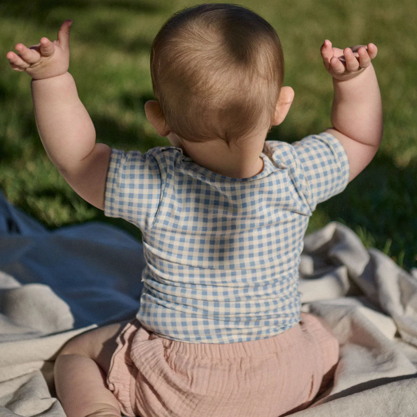 Stretch Jersey S/S Bodysuit - Blue Gingham