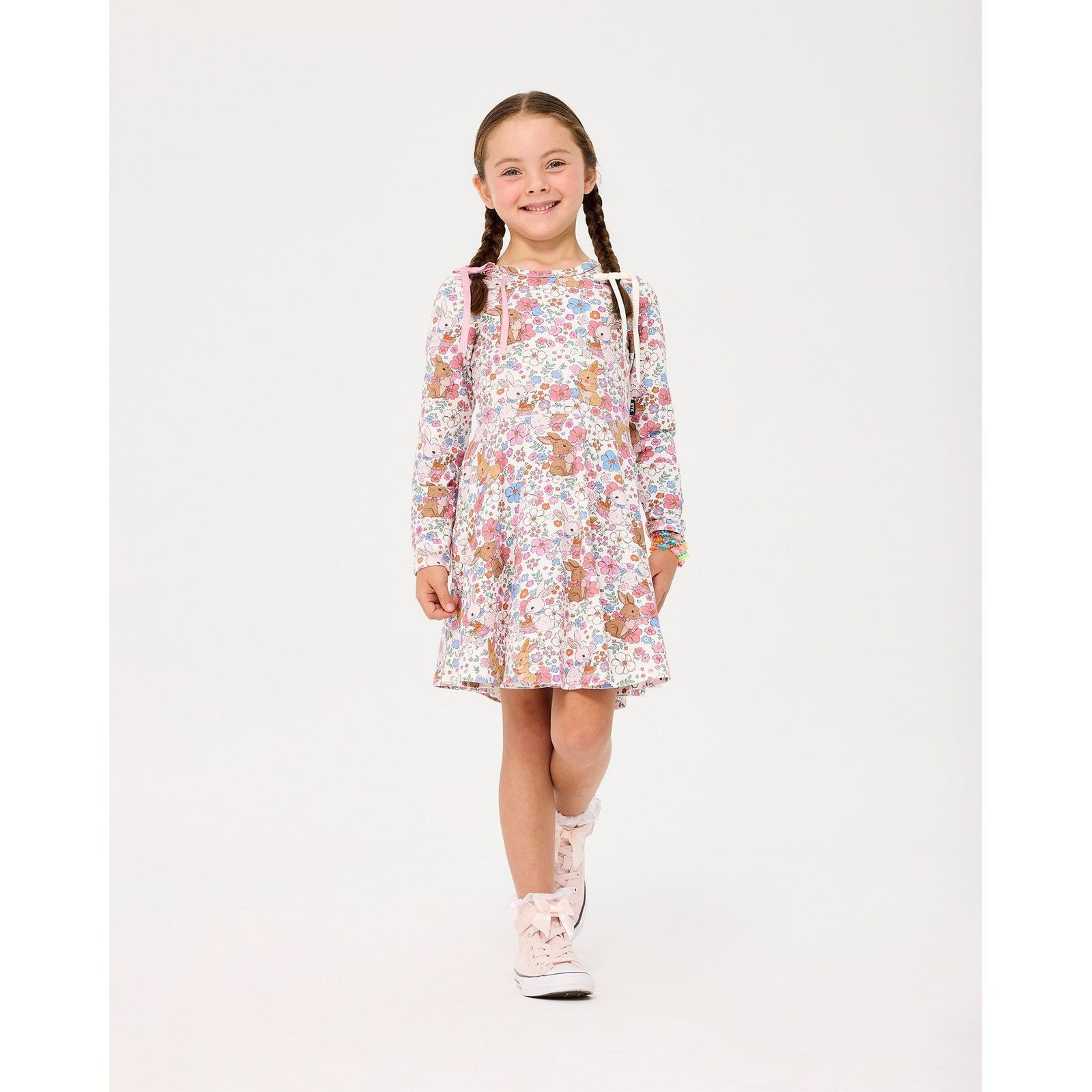 Ditsy Bunny Long Sleeve Waisted Dress