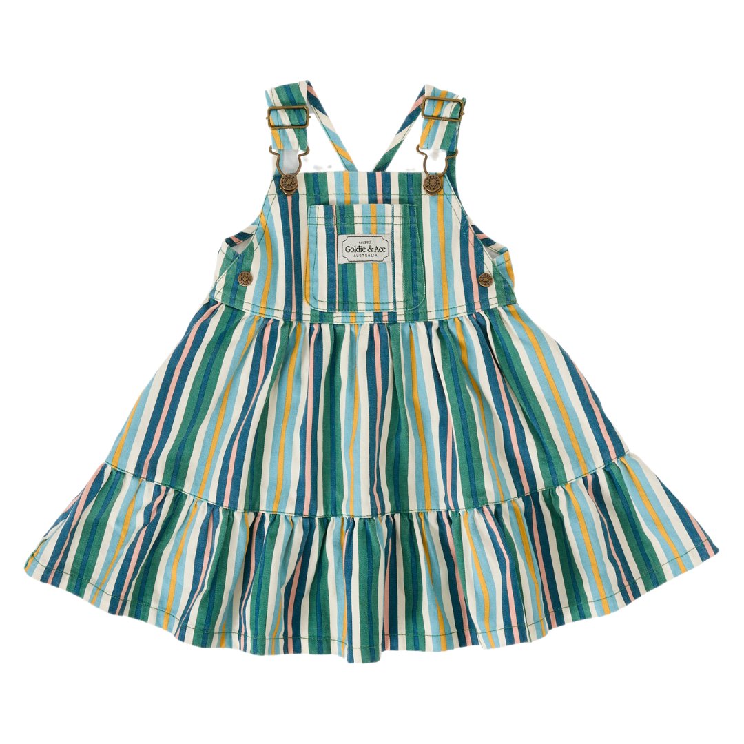 Tully Tiered Pinafore Dress Stripe Evergreen Stripe