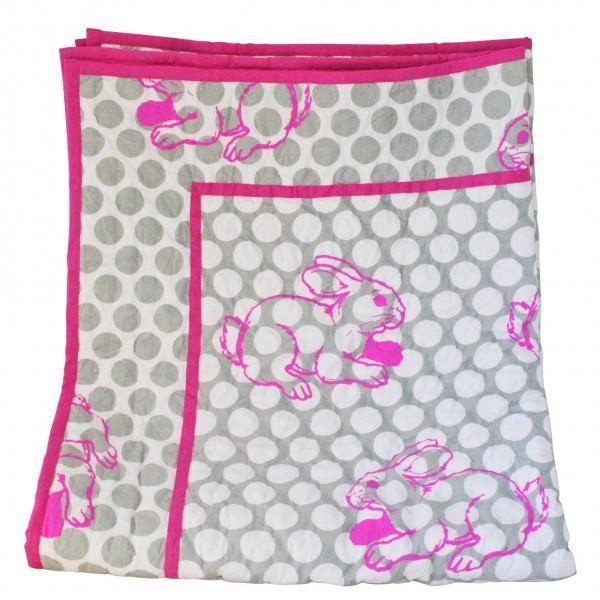 Cot Quilt - Mollie Grey & Pop Pink Bunny Print .
