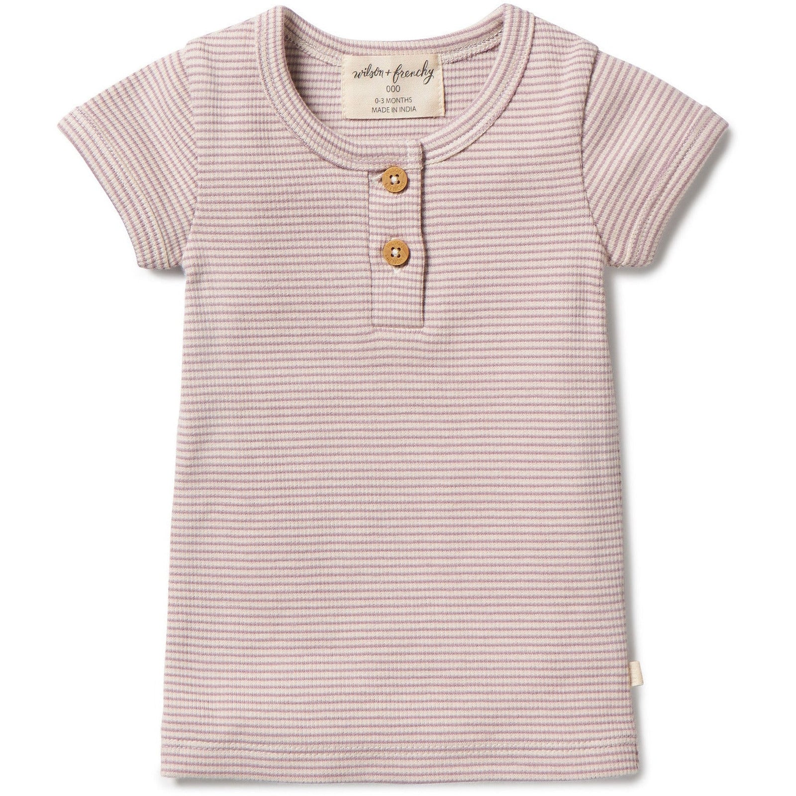 Organic Stripe Rib Henley Tee- Plum
