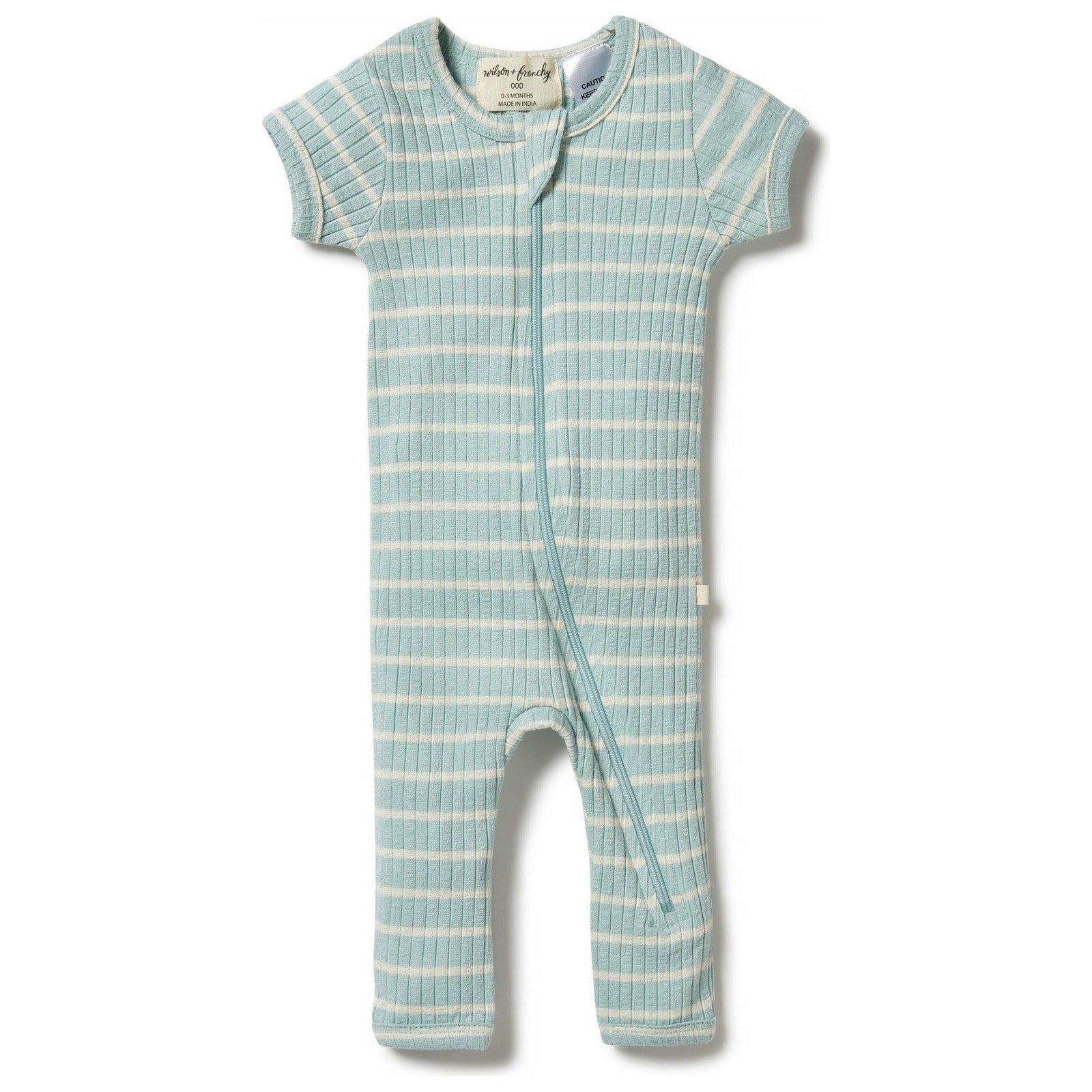 Organic Stripe Rib Zipsuit - Pistachio / Ecru