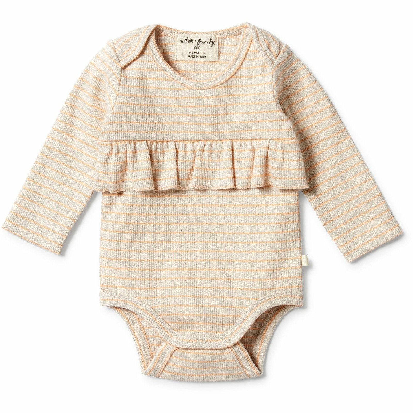 Organic Stripe Rib Ruffle Bodysuit - Apricot