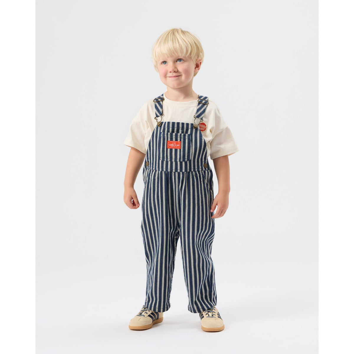 Child wearing Goldie & Ace Railroad Stripe Austin Overalls, view 2