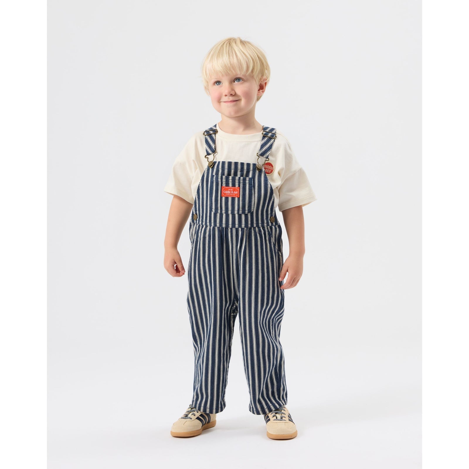Child wearing Goldie & Ace Railroad Stripe Austin Overalls, view 2