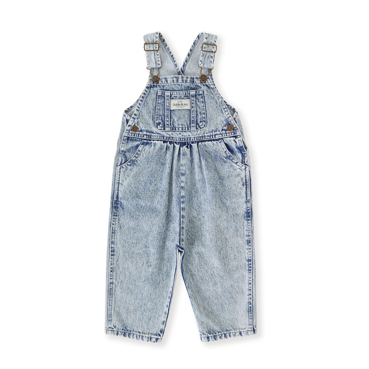 Goldie &amp; Ace Austin Vintage Washed Denim Overalls Light Denim, product flat lay