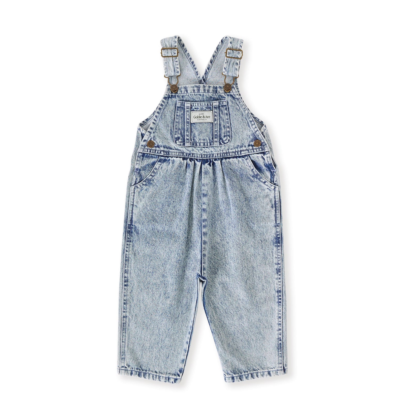 Goldie & Ace Austin Vintage Washed Denim Overalls Light Denim, product flat lay