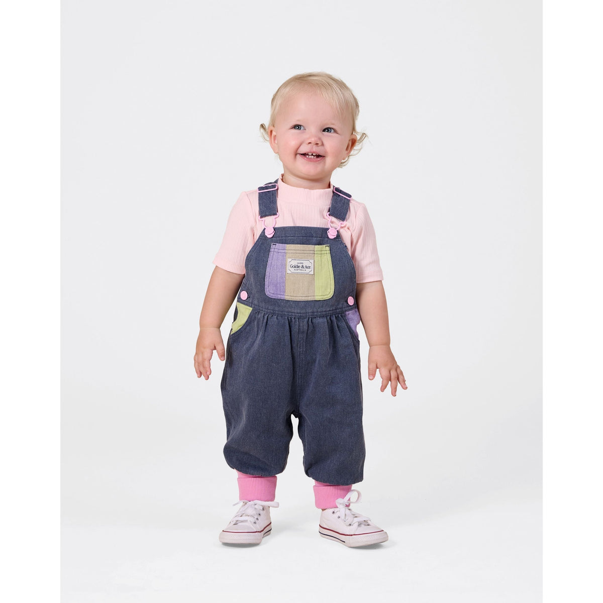 Child wearing Goldie & Ace Colour Pop Baby Austin Overalls