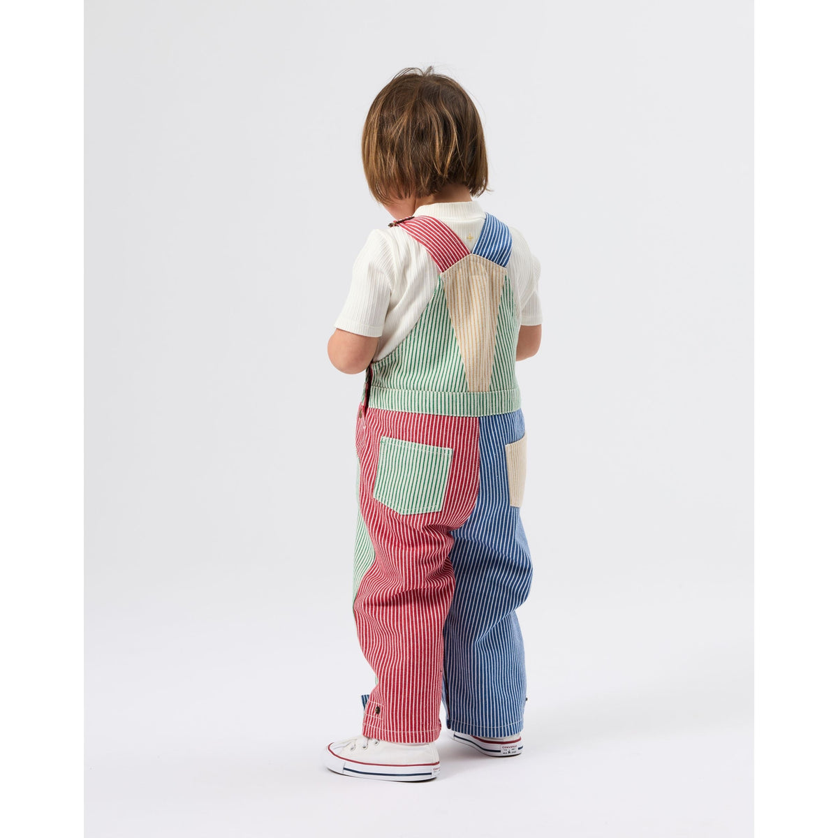 Child wearing Goldie & Ace Patchwork Stripe Blake Overalls, view 3