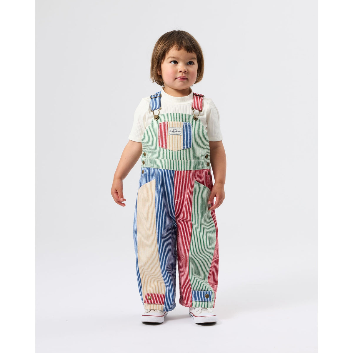 Child wearing Goldie & Ace Patchwork Stripe Blake Overalls, view 2