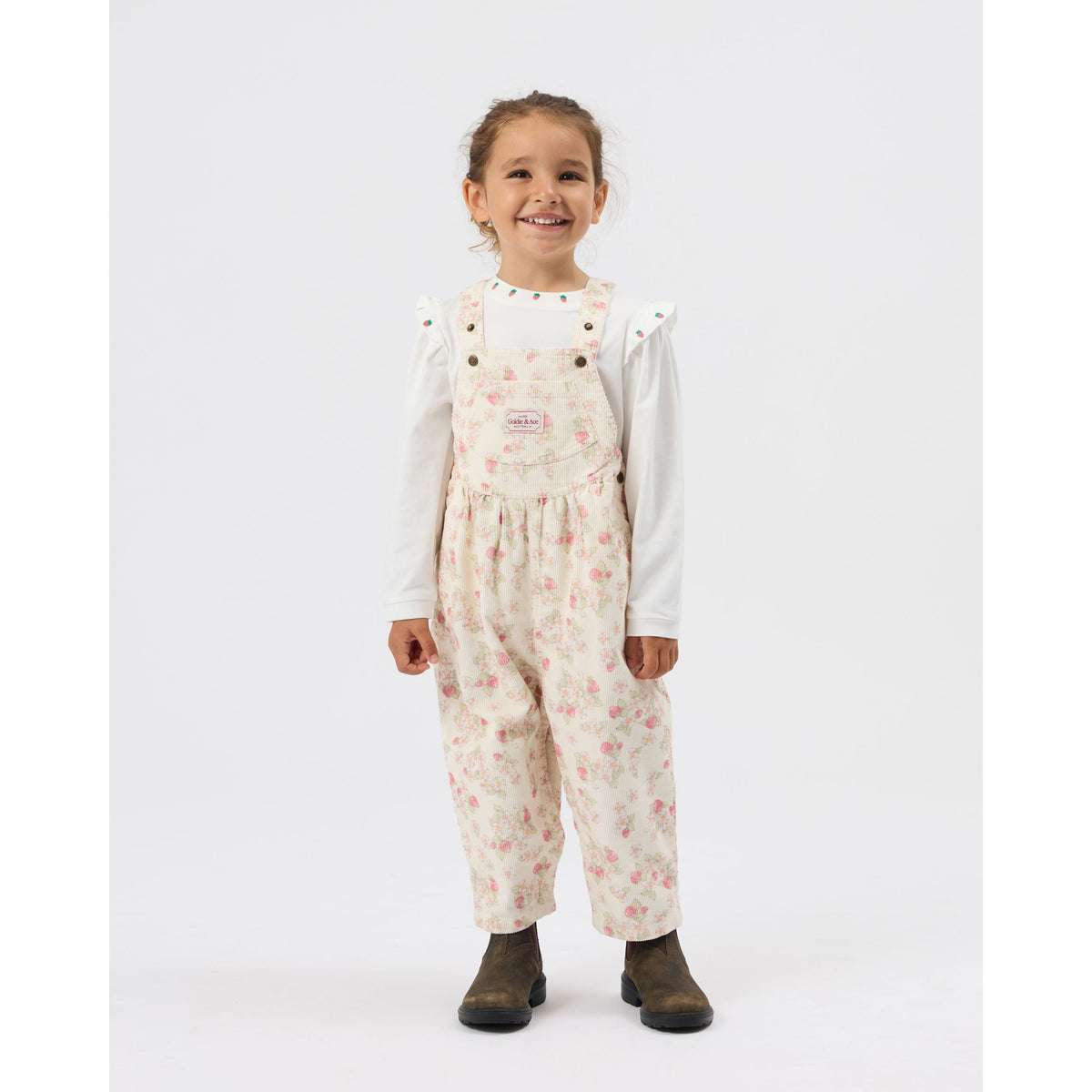 Child wearing Goldie & Ace Strawberry Fields Goldie Vintage Overalls, view 2