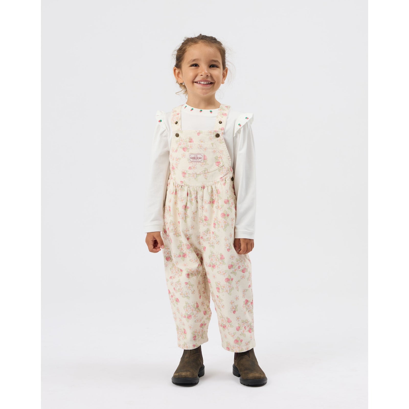 Child wearing Goldie & Ace Strawberry Fields Goldie Vintage Overalls, view 2