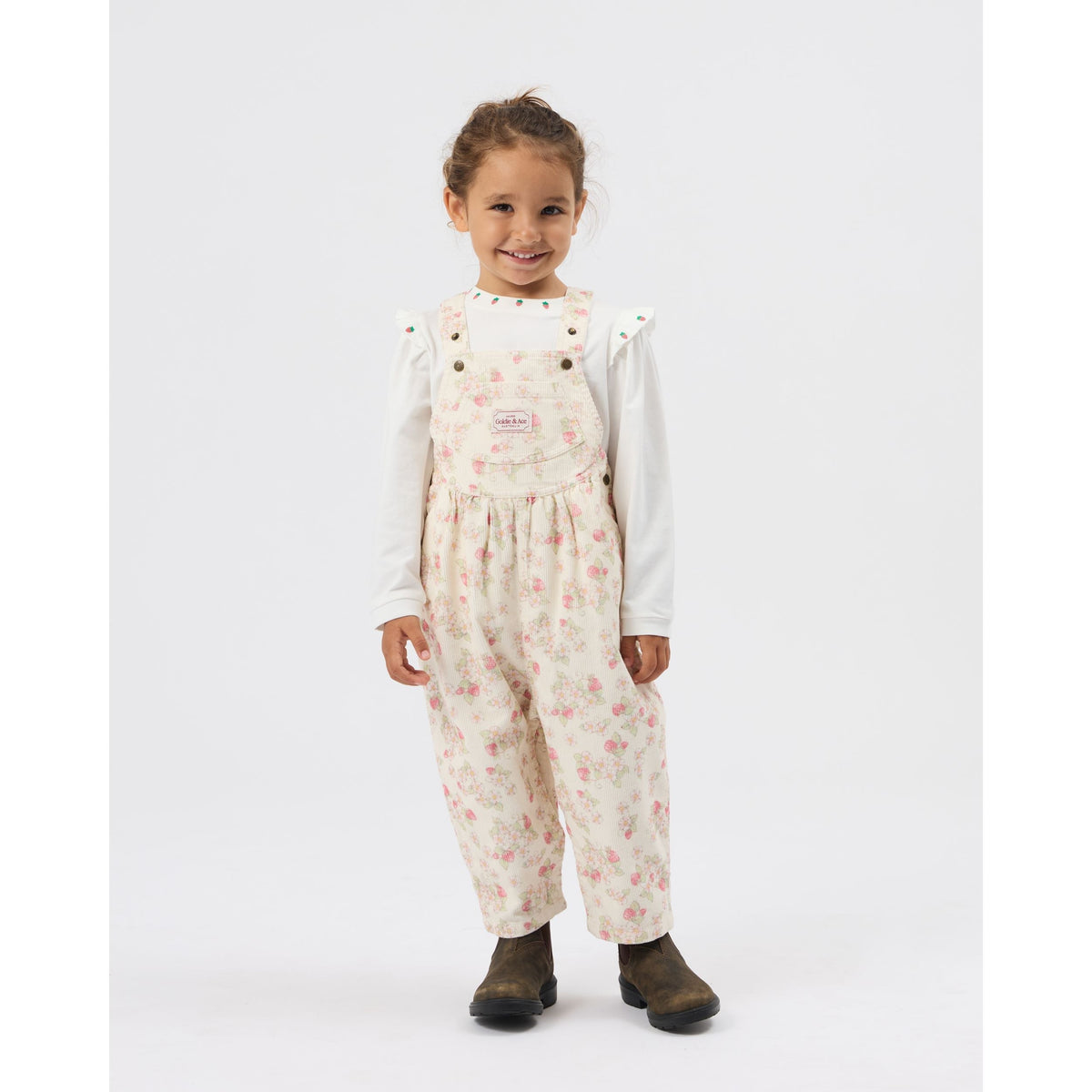 Child wearing Goldie & Ace Strawberry Fields Goldie Vintage Overalls, view 3