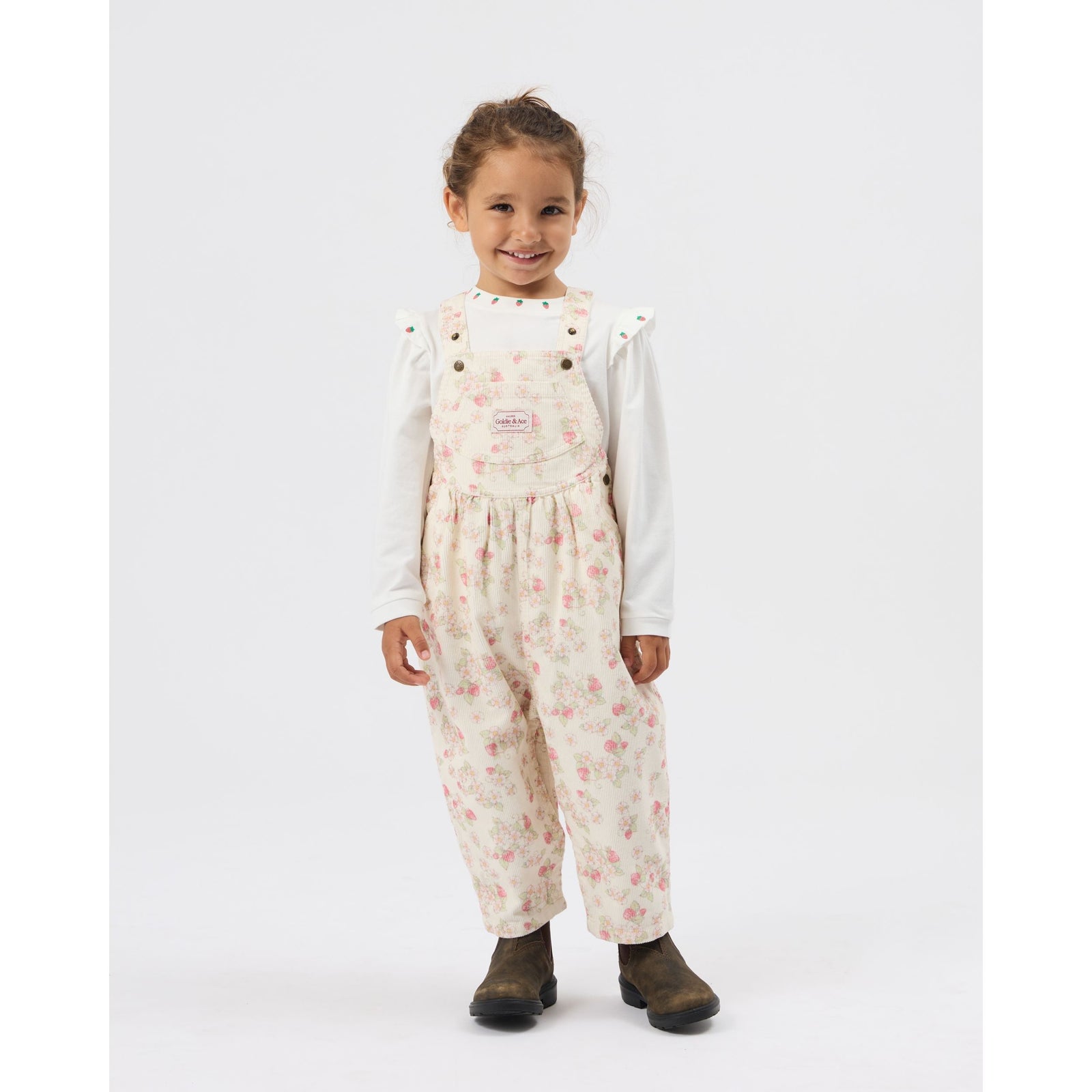 Child wearing Goldie & Ace Strawberry Fields Goldie Vintage Overalls, view 3