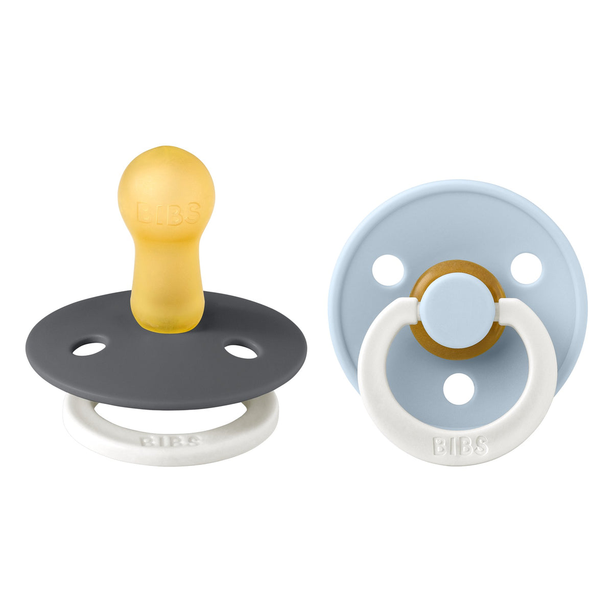BIBS Round GLOW 2 Pack Dummy - Iron/Baby Blue