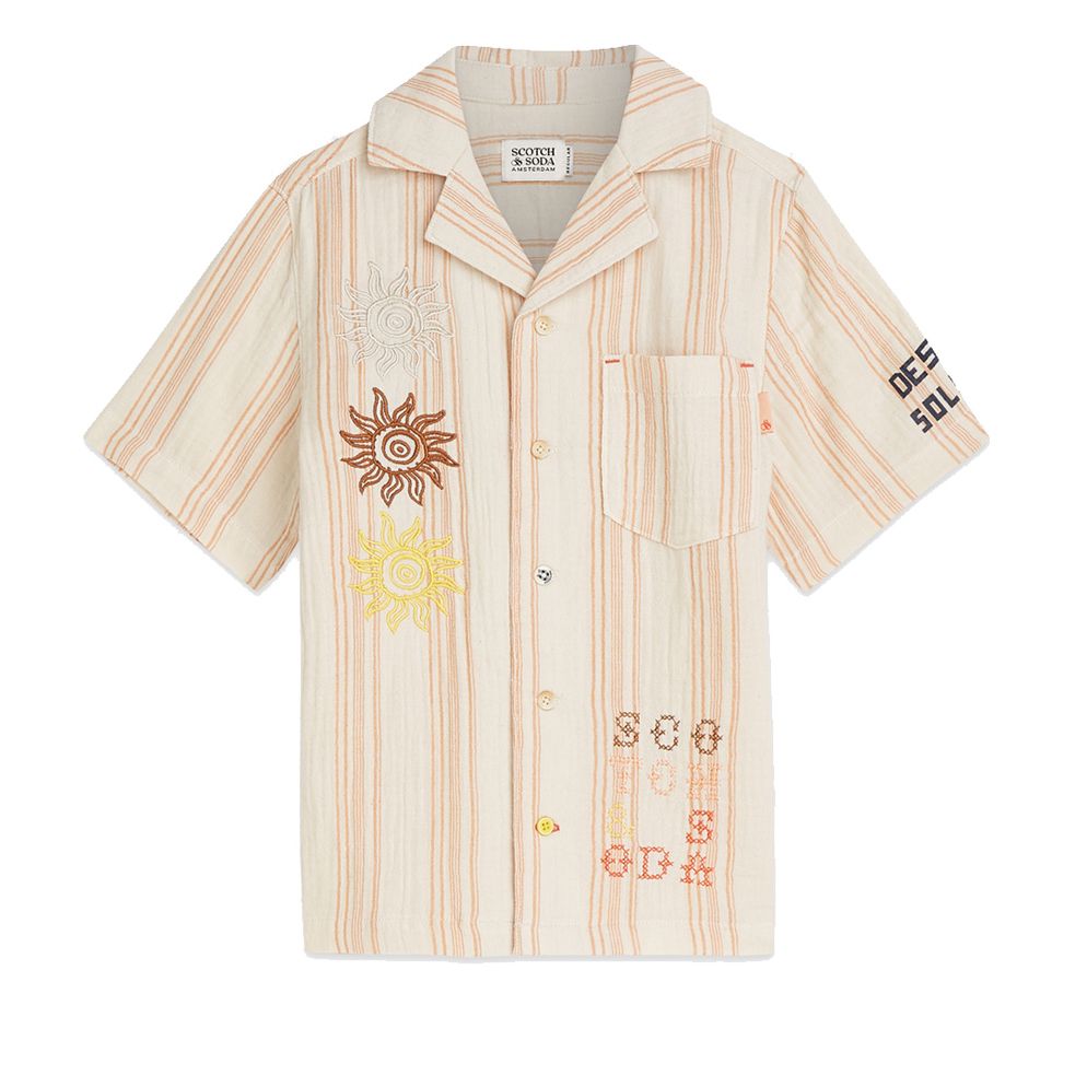 Embroidered Short-Sleeved Shirt - Eggnog Stripe