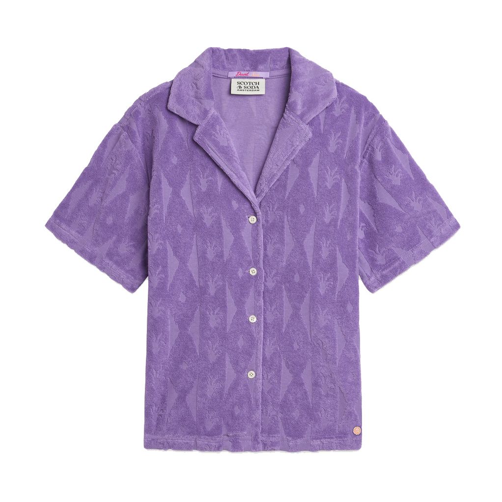 Jacquard Towelling Short-Sleeved Shirt - Cactus Stripe Paisley Purple
