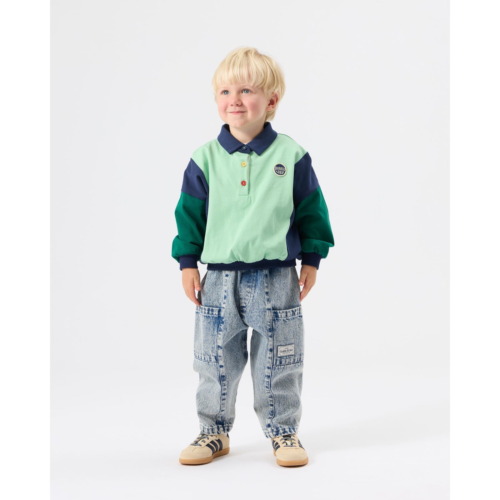 Child wearing Goldie & Ace Kit Denim Pocket Pant Light Denim, view 3