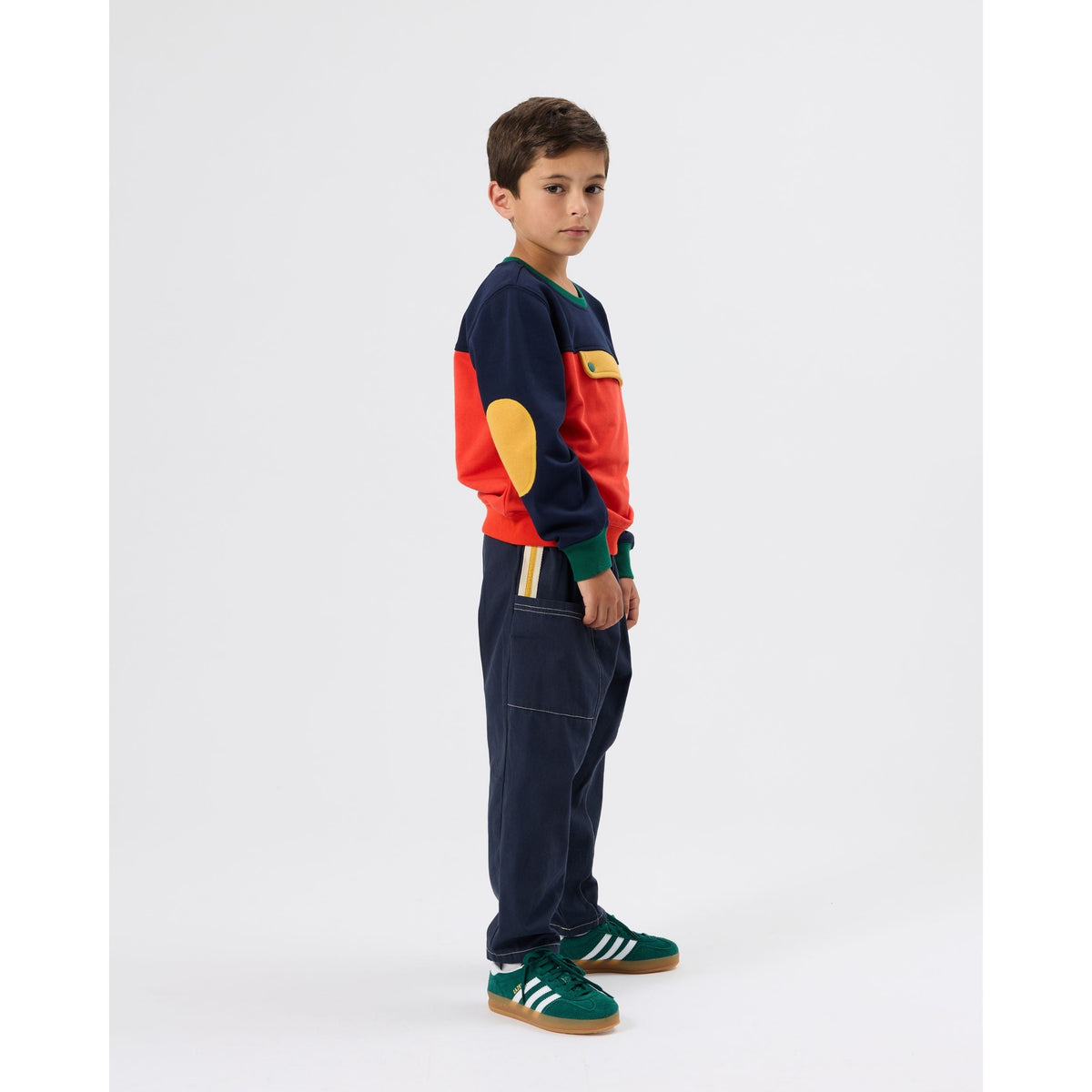 Child wearing Goldie & Ace Carpenter Utility Kit Pocket Pant Navy, view 2