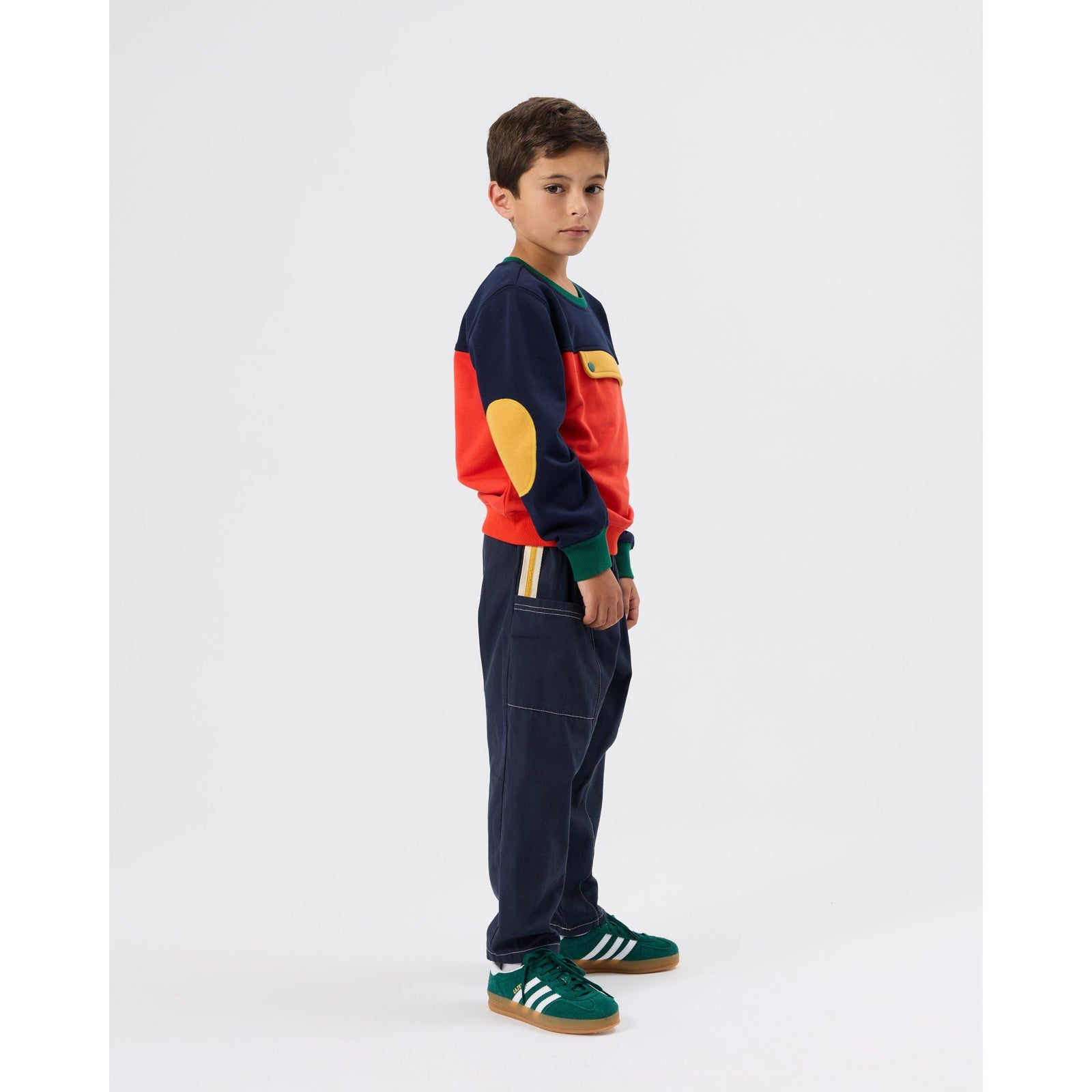 Child wearing Goldie & Ace Carpenter Utility Kit Pocket Pant Navy, view 2