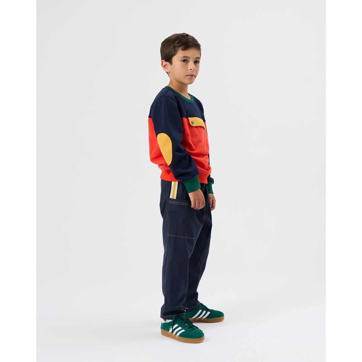 Child wearing Goldie & Ace Carpenter Utility Kit Pocket Pant Navy, view 3