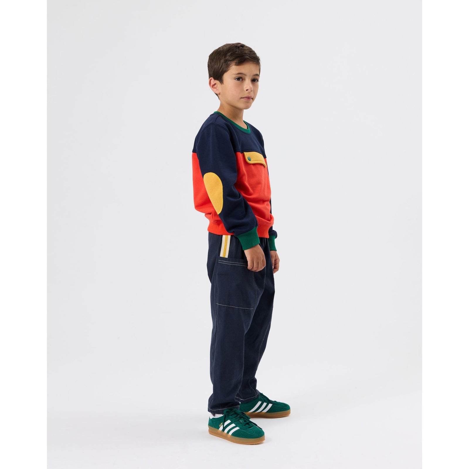 Child wearing Goldie & Ace Carpenter Utility Kit Pocket Pant Navy, view 3