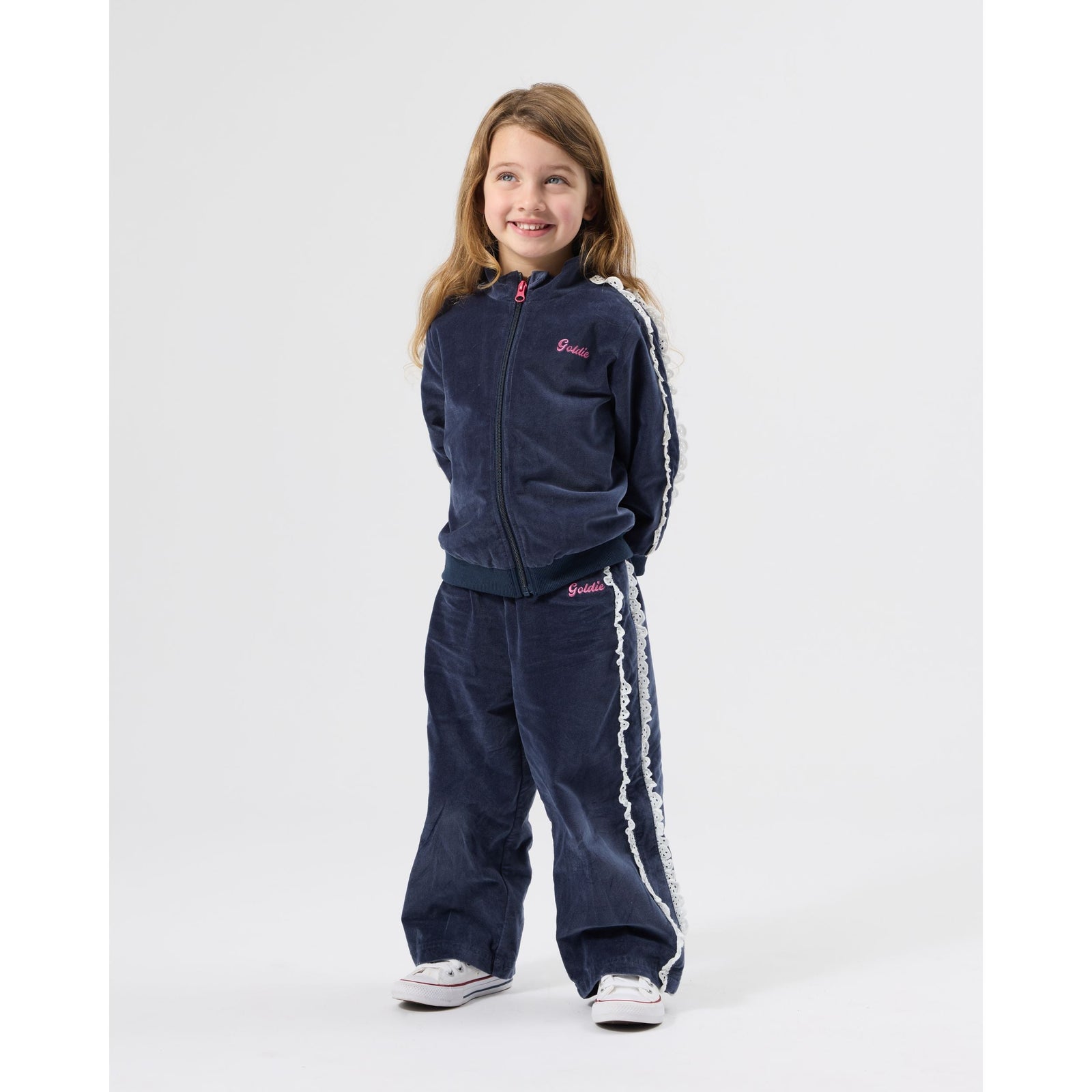 Child wearing Goldie & Ace Velour Broderie Wide Leg Pant