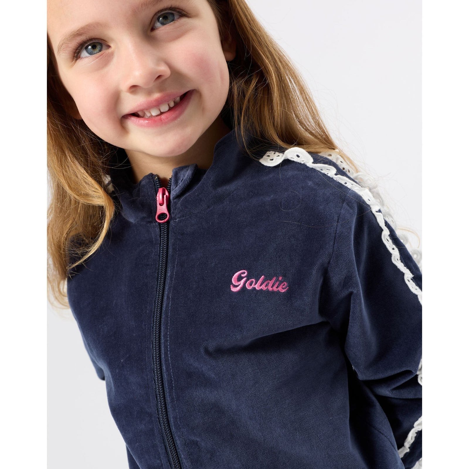 Child wearing Goldie & Ace Velour Broderie Sweat Jacket, view 3