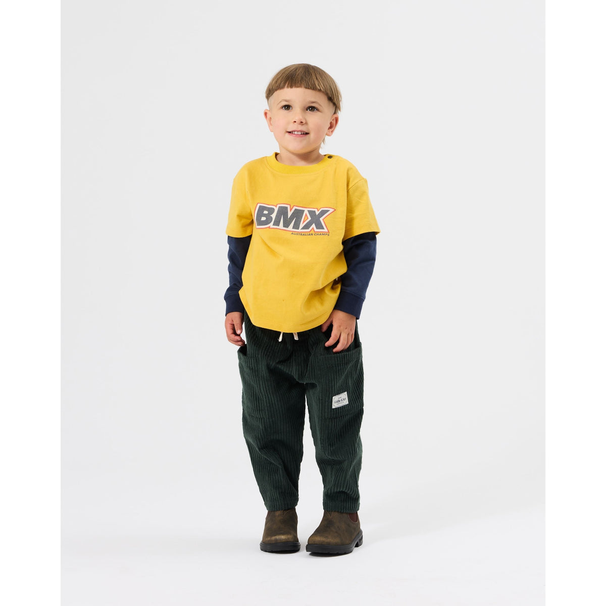 Child wearing Goldie & Ace Kit Corduroy Pocket Pant Moss