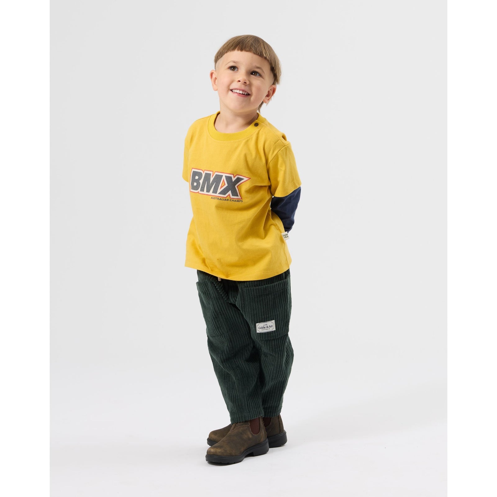 Child wearing Goldie & Ace Kit Corduroy Pocket Pant Moss, view 2