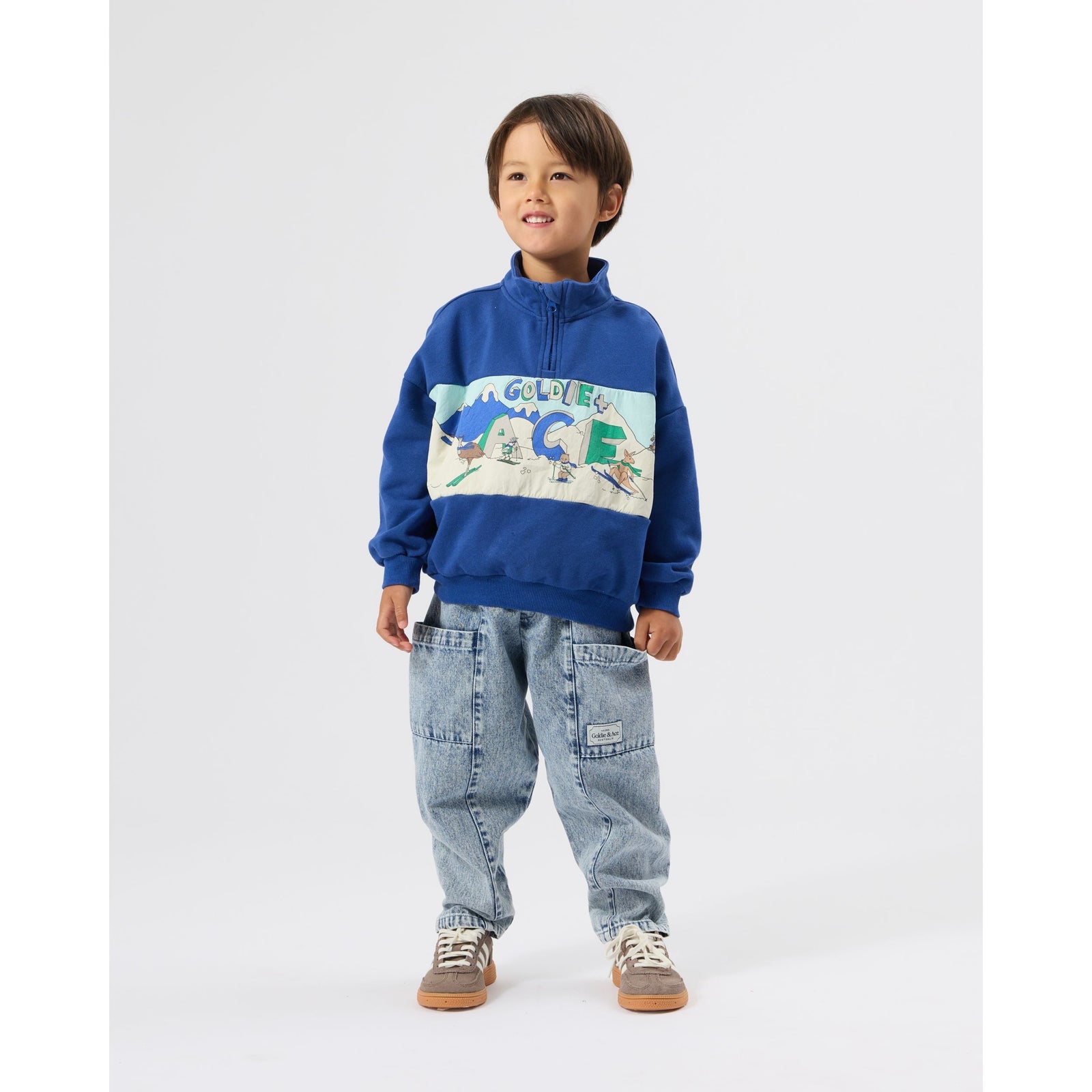 Child wearing Goldie & Ace Alpine Quarter Zip Sweater, view 2
