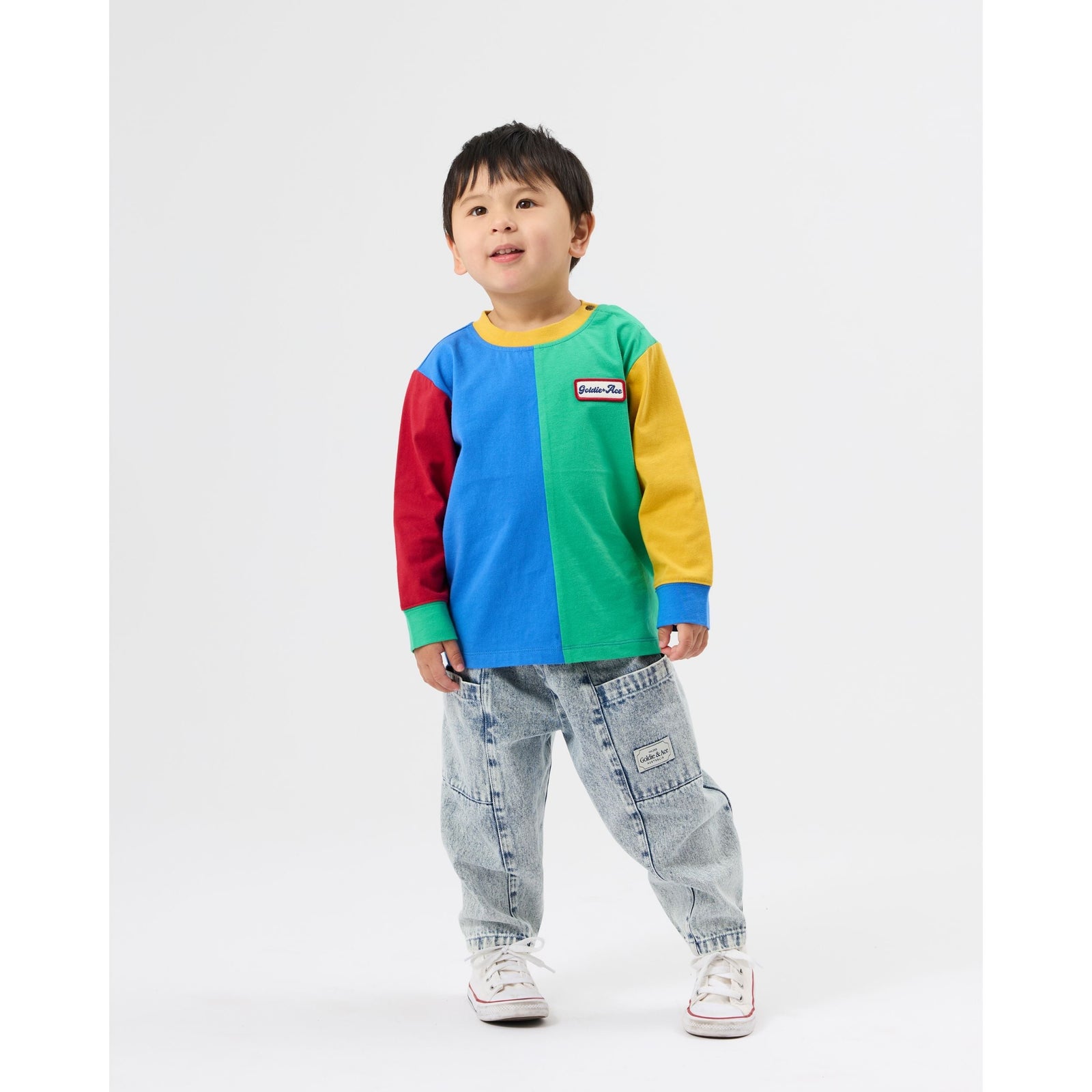 Child wearing Goldie & Ace Kit Denim Pocket Pant Light Denim, view 4