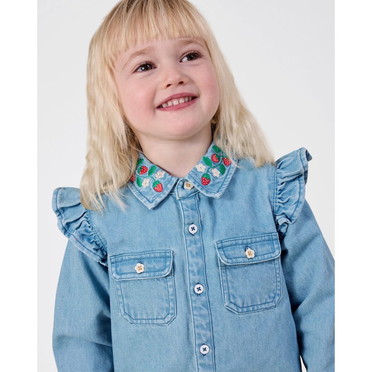 Child wearing Goldie & Ace Wild Strawberry Chambray Shirt
