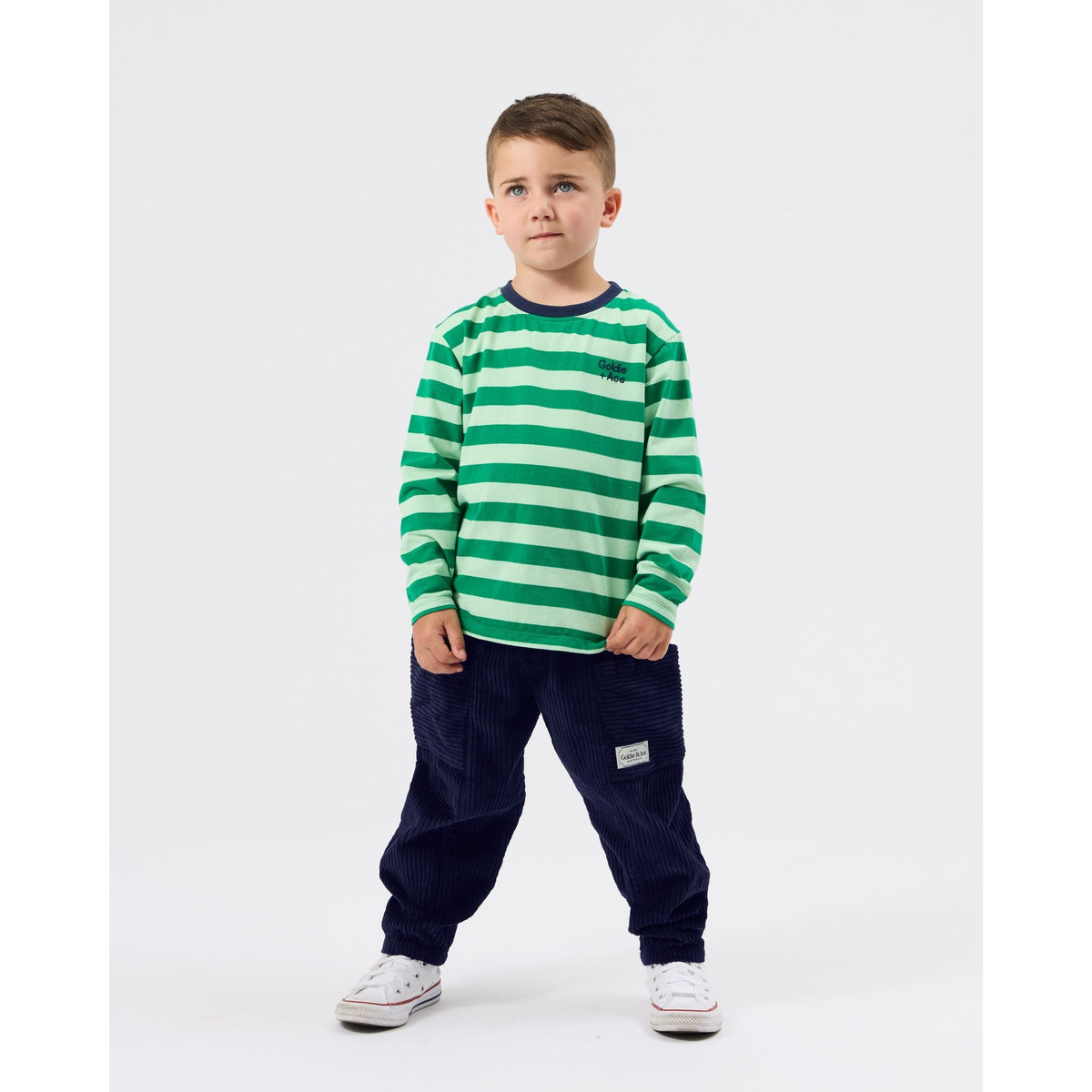 Child wearing Goldie & Ace Essential Stripe Long Sleeve Top Green, view 2