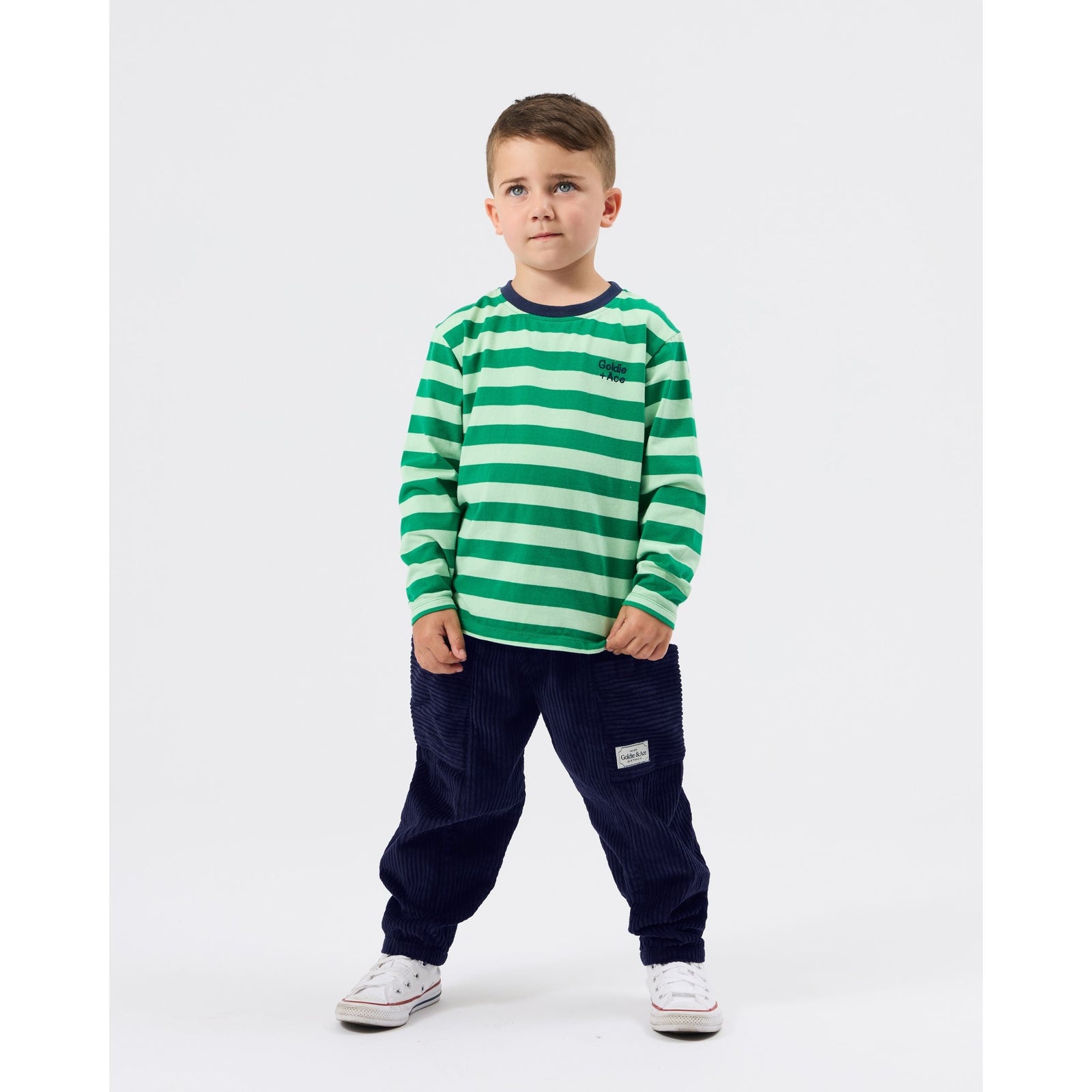 Child wearing Goldie & Ace Essential Stripe Long Sleeve Top Green, view 2