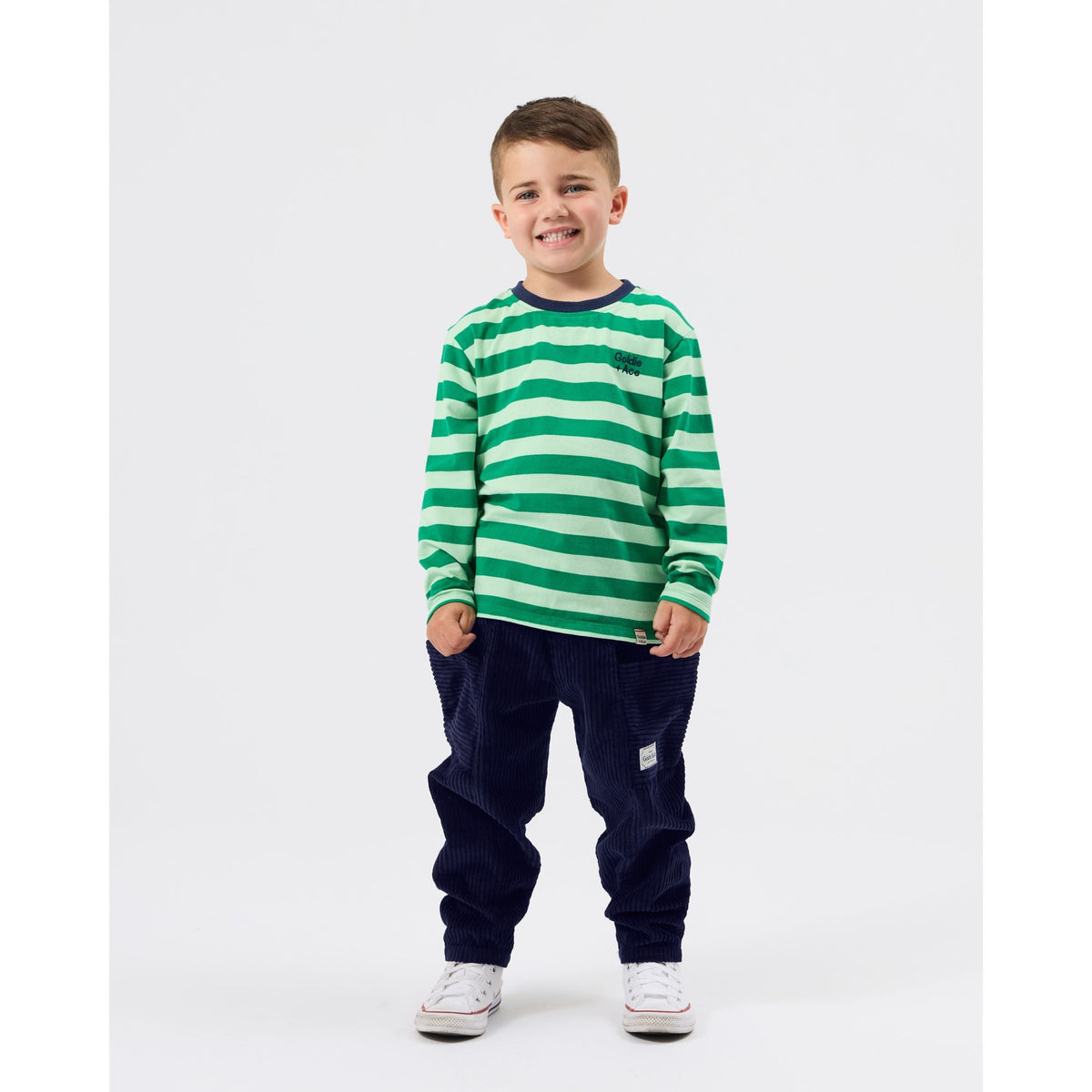 Child wearing Goldie & Ace Essential Stripe Long Sleeve Top Green