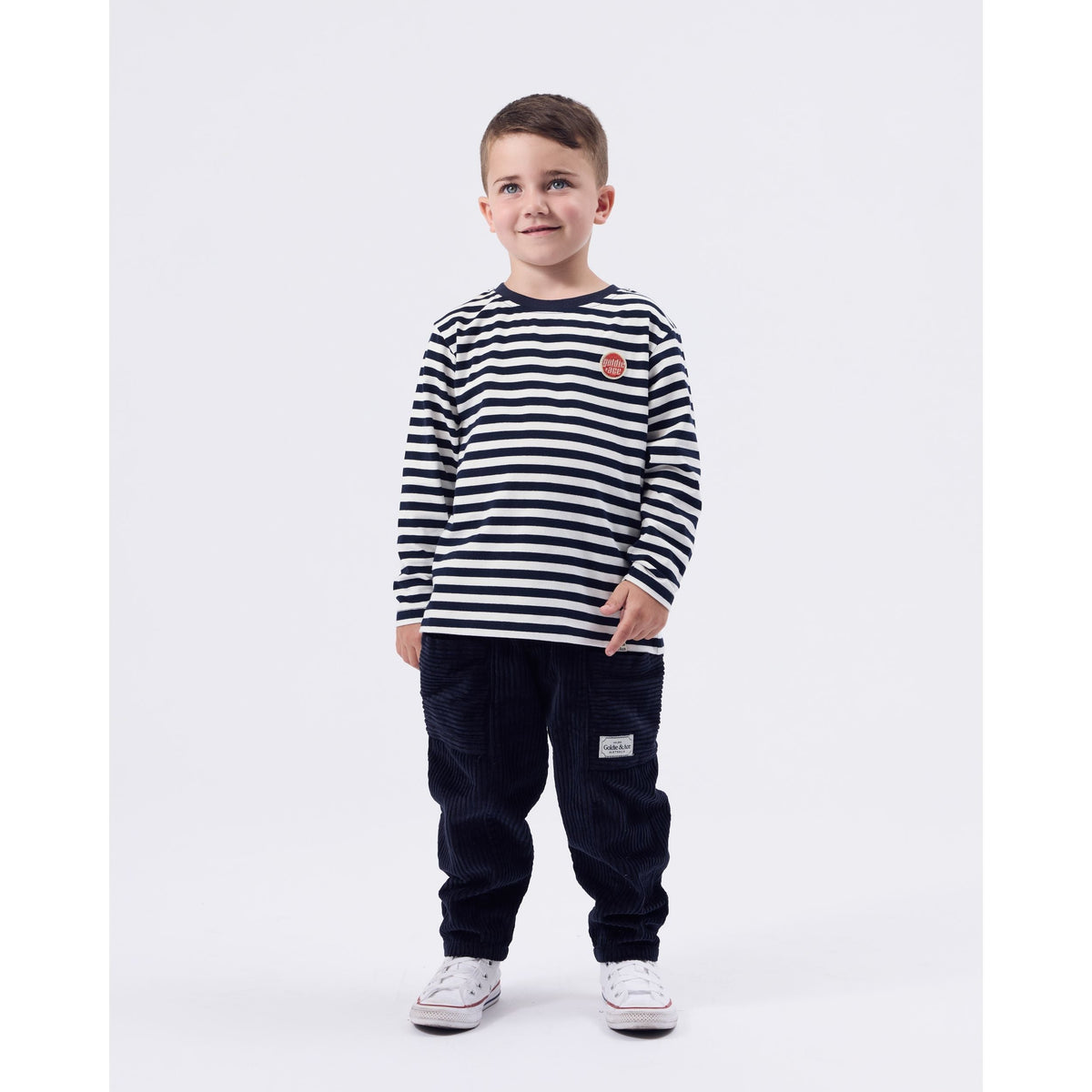 Child wearing Goldie & Ace Essential Stripe Long Sleeve Top Navy
