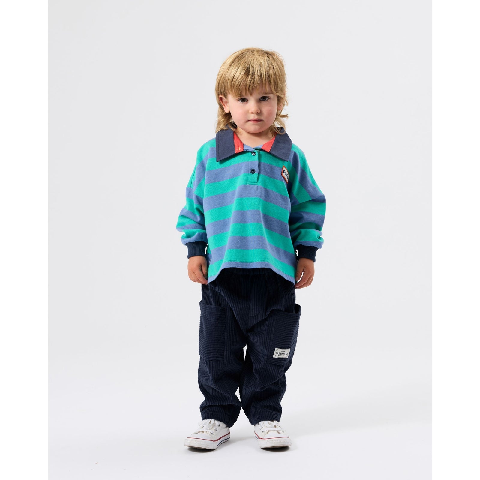 Child wearing Goldie & Ace Rugby Stripe Terry Sweat Top Blue