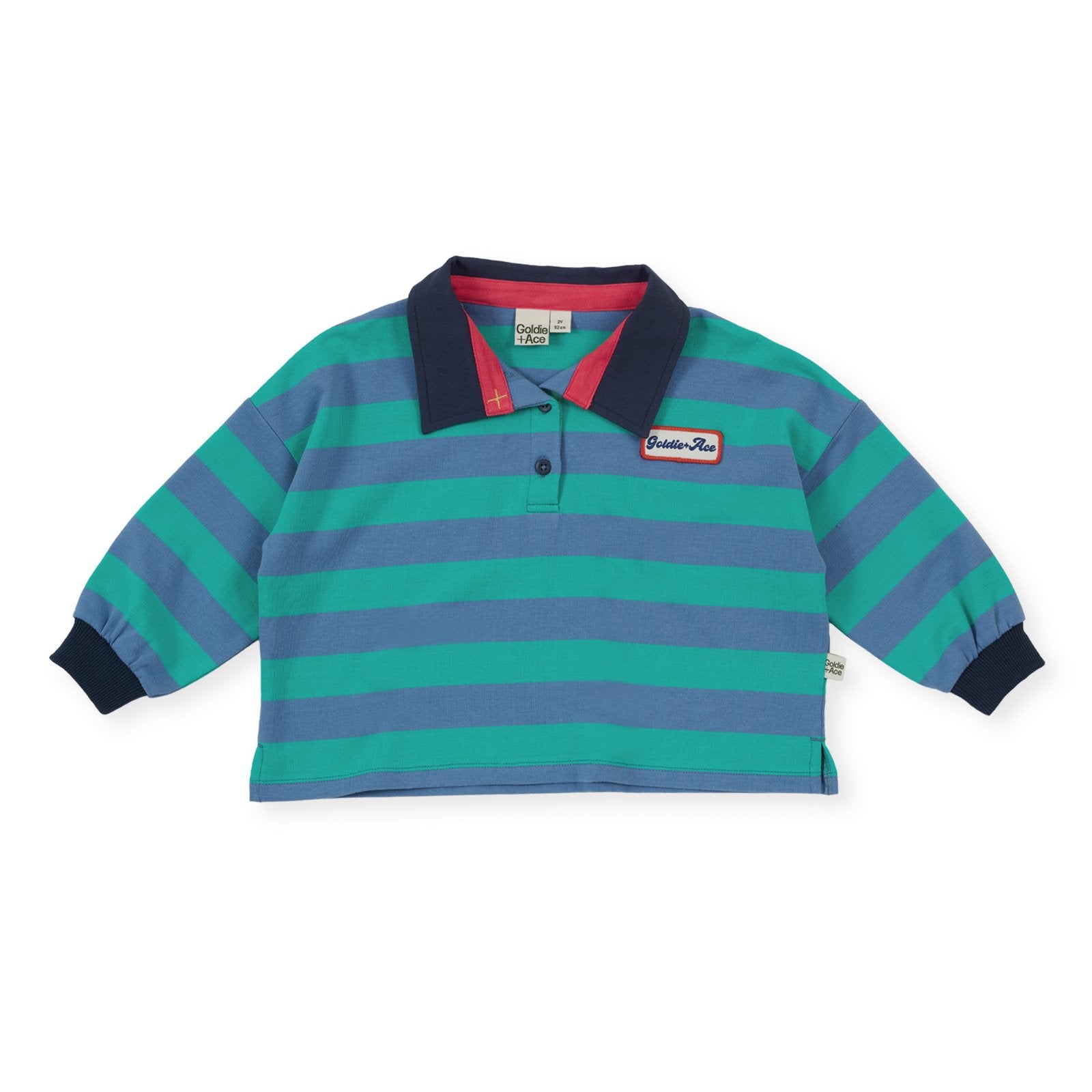Goldie & Ace Rugby Stripe Terry Sweat Top Blue, product flat lay