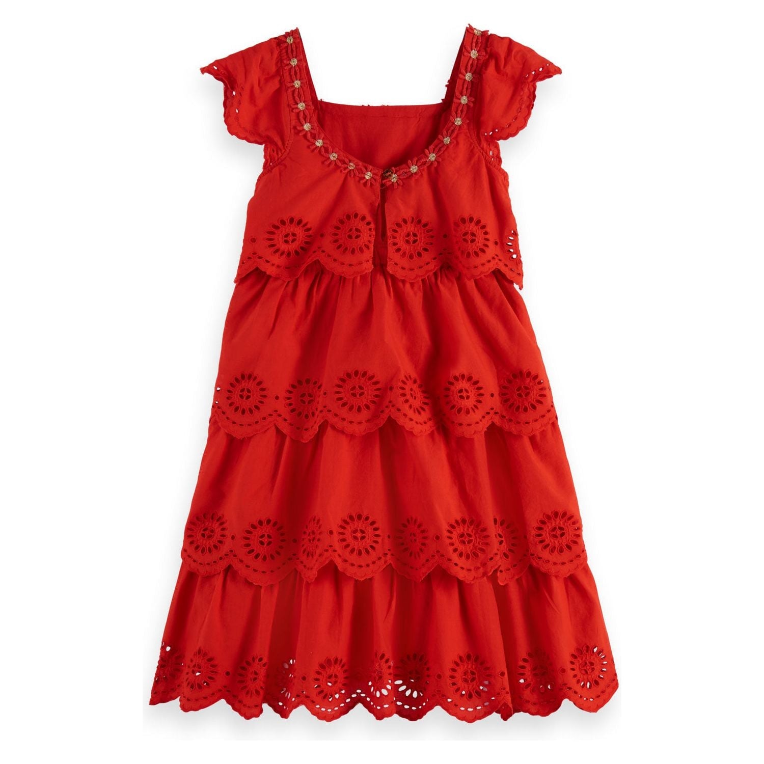 Layered Midi Broderie Anglaise Dress - Lobster Red